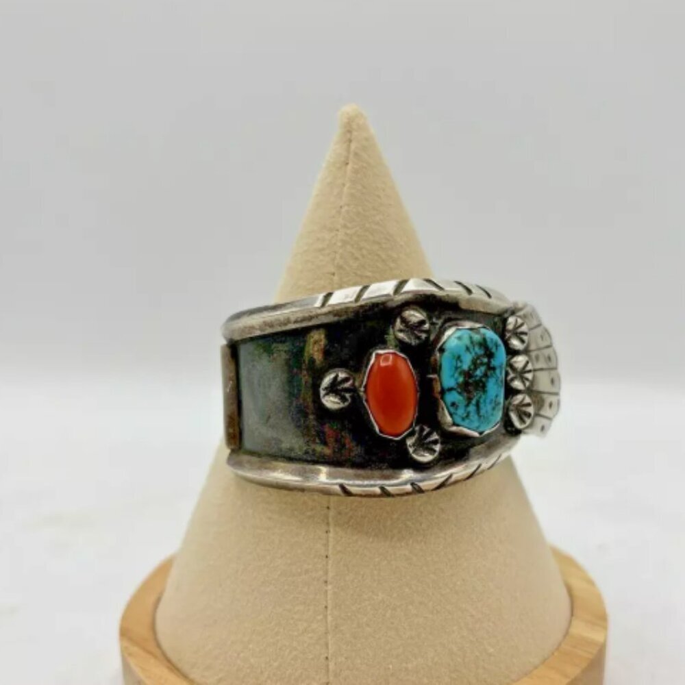 Vintage ML Native‎ American Navajo Zuni Silver Turquoise Coral Cuff Bracelet - Picture 4 of 14